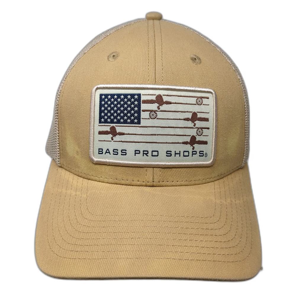 Bass Pro Shops Trucker Hat Brown One Size Mesh American Flag Fishing Rod Patch